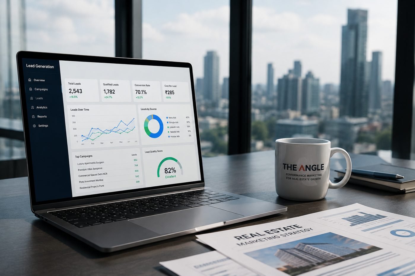 THE ANGLE real estate performance marketing dashboard in a modern office