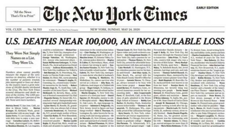 न खबर, न तस्वीर, न विज्ञापन, अखबार के फ्रंट पर छापे कोरोना से मरने वाले 1 लाख अमेरिकियों के नाम